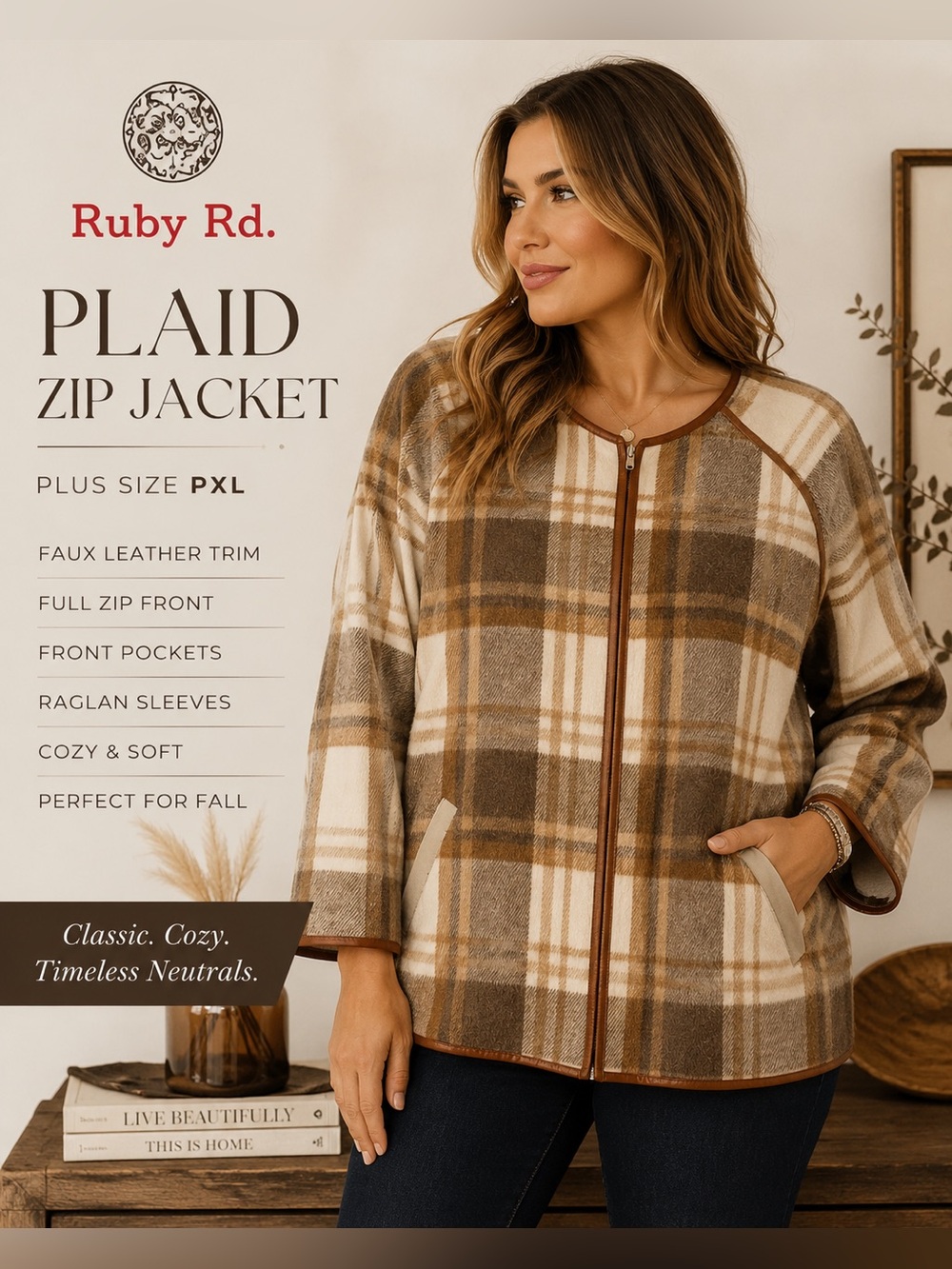 Ruby Rd Plaid Zip Front Jacket | Faux Leather Trim | Plus XL | Cozy Fall